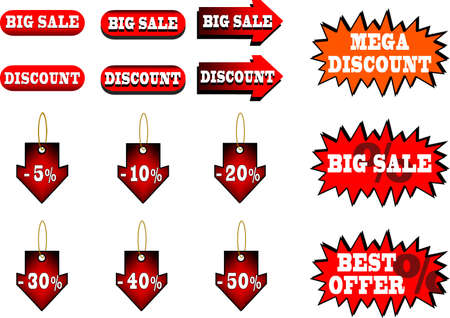Set of fifteen web design elements with transparent background. Ready for export to PNG and subsequent addition to the web. Big sale, best offer, discount and percentage discount labels.のイラスト素材
