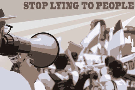 Illustration of a protest against governments that lie to the people. A man encouraging a crowd by a megaphone.のイラスト素材