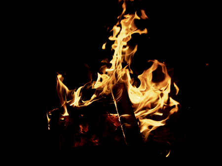 Summer campfire and view of flames and burning wood.の写真素材