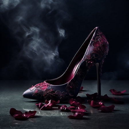 Womens shoes with rose petals and smoke on dark backgroundの素材