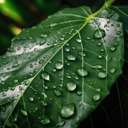 Green leaf with drops of water. Nature background. Selective focus.の素材