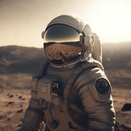 Astronaut in helmet and glasses in the desert at sunset.の素材