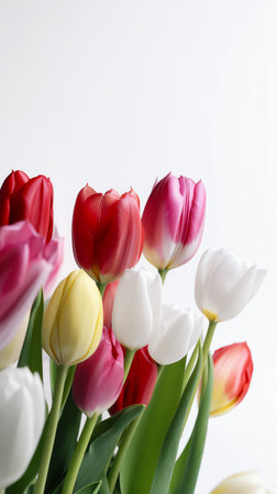 Colorful tulips on a white background, close-up.の素材