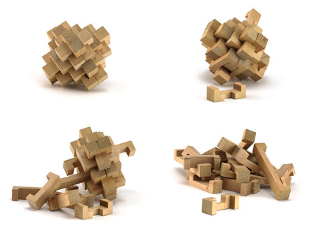 Wooden 3D puzzle for children on white backgroundの写真素材