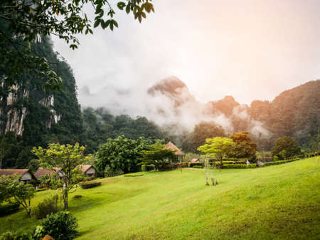 Little House on the valley covered with fog, south of Thailandの写真素材