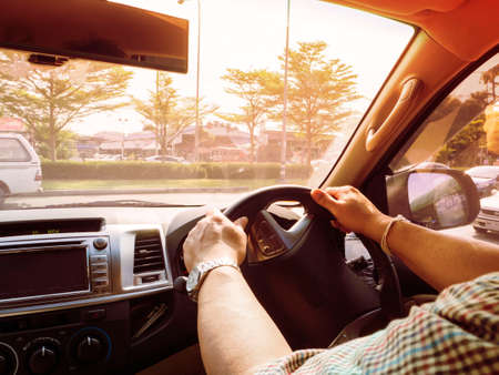Man control steering wheel with two hands , safety concept
