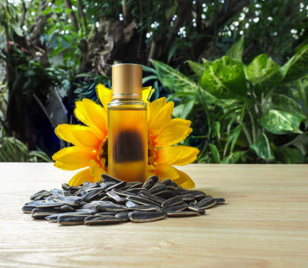 Bottle of Cold pressed sunflower oil in front of sunflower with group of sunflower seeds  on wooden table , organic product conceptの写真素材