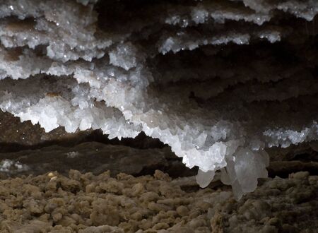 Crystals of gypsum deep in cave in Ukraineの写真素材