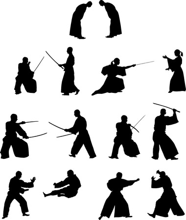Many silhouettes of samurai combat with swords and withoutのイラスト素材