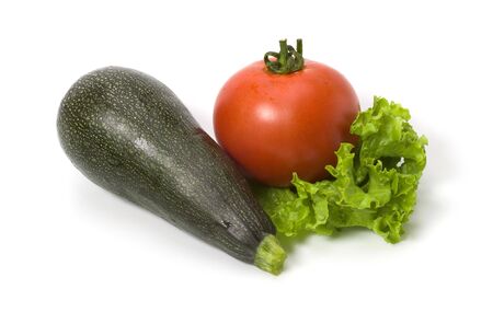 Marrow, tomato and lettuce isolated on whiteの写真素材
