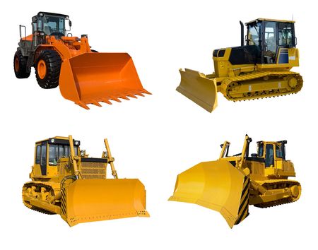 Several bulldozers isolated on whiteの写真素材