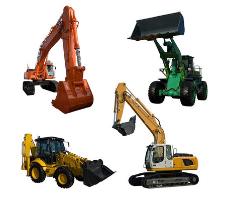 Several new excavator isolated on pure whiteの写真素材