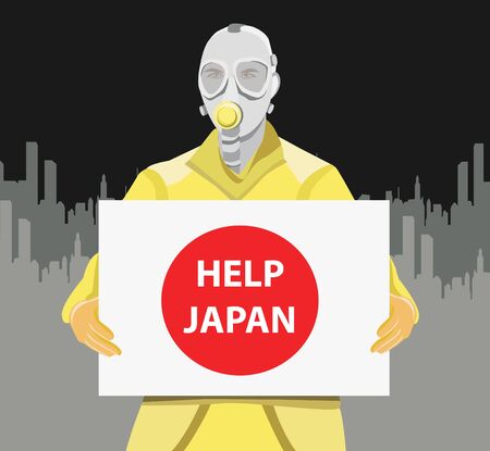 Man in gas mask holding Japan flagのイラスト素材