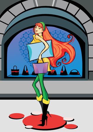 Stylish girl goes near shop-window with a purchase in the boxのイラスト素材