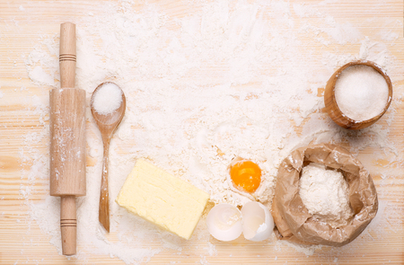 Ingredients of  homemade baking bread on wooden tableの写真素材