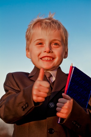 Smiling small pupil in school uniform with pencil and notebook gesturing OKの写真素材