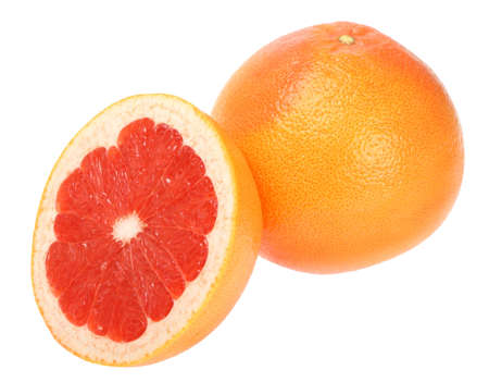 ripe red grapefruits isolated on a white backgroundの写真素材