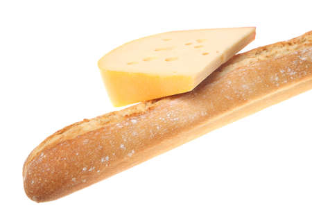 French Baguette and slice of cheese isolated on a white backgroundの写真素材