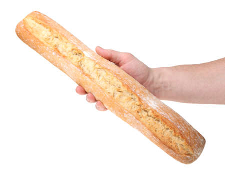 fresh French baguette in a human hand isolated on a white backgroundの写真素材