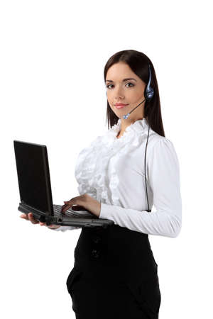 girl office staff with a laptop isolated on white backgroundの写真素材