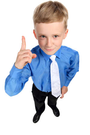 boy points finger isolated on white backgroundの写真素材