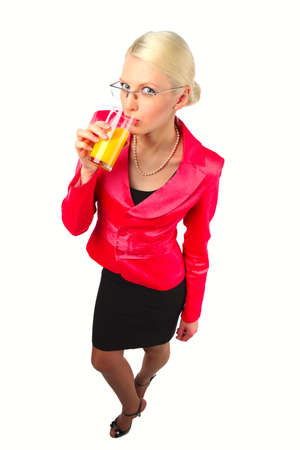 business woman drink isolated on white backgroundの写真素材