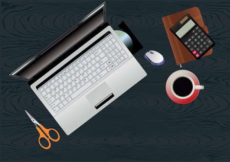 office equipment on the wooden tableのイラスト素材