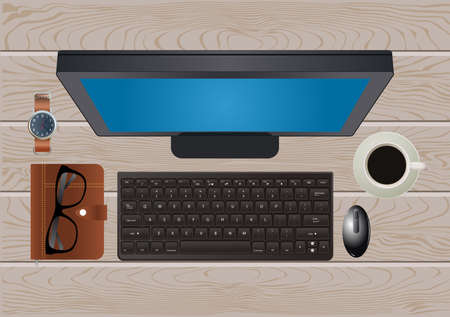 office equipment on the wooden tableのイラスト素材