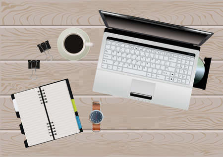 office equipment on the wooden tableのイラスト素材