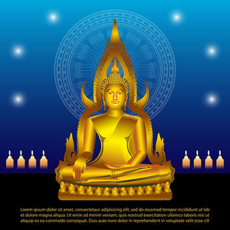 Golden Buddha statue on blue backgroundのイラスト素材