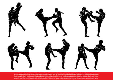 Set of Thai Boxing Silhouettes in Actionのイラスト素材