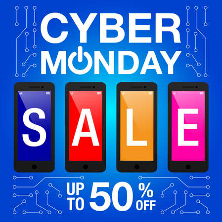 Cyber Monday Sale on blue background, vector illustration.のイラスト素材