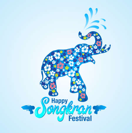 Vector greeting card design for Songkran festival with elephant silhouette made of flowers.のイラスト素材