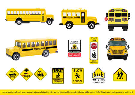 Vector Ilustration of School Bus Set. collection of school bus and signage.のイラスト素材
