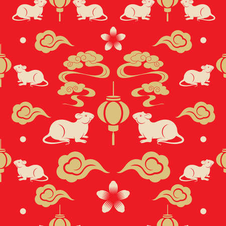 Chinese Lanterns and Rats seamless pattern backg roundのイラスト素材