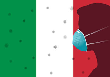 Coronavirus or Covid-19 in Italy Background with Men wearing medical mask and Flag of Italy Vector Illustrationのイラスト素材