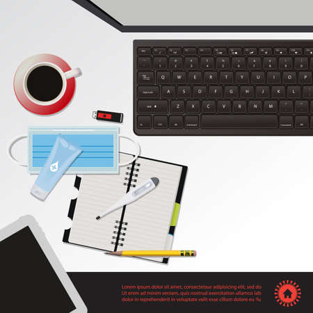 Work from home concept, work at home to prevent virus infection in Covid-19 Outbreak. Vector illustration of Laptop computer,Medical mask,Alcohol gel, Thermometer and Office equipment.のイラスト素材