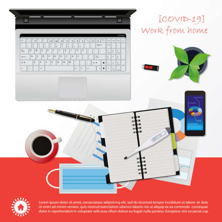 Work from home concept, work at home to prevent virus infection in Covid-19 Outbreak. Vector illustration of Laptop computer,Medical mask,Alcohol gel, Thermometer and Office equipment.のイラスト素材