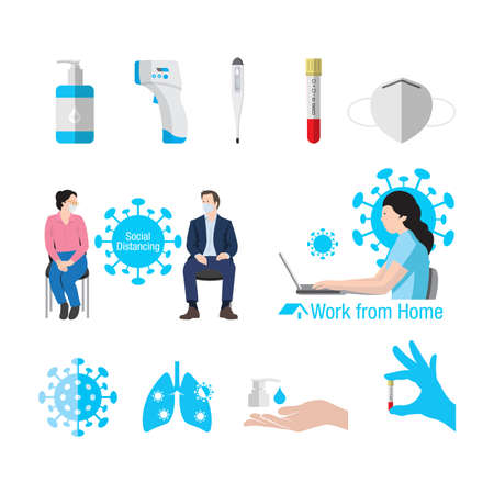 Coronavirus or Covid-19 element icons set. Flat design vector illustration.のイラスト素材
