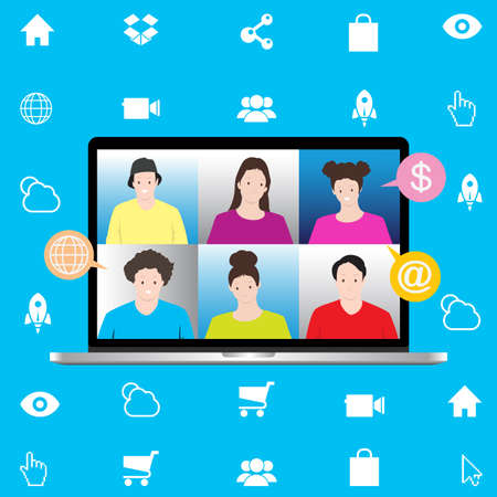 Desktop computer with group of People in Online meeting, Conference online, Live chat. Online Chat with Social Network.  Vector illustration in flat styleのイラスト素材