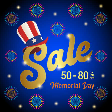 Vector Illustration for Memorial Day Sale Banner, Memorial Day Sale Text with Uncle Sam Hat Vector Imageのイラスト素材