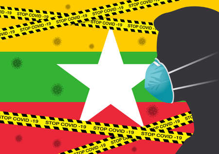 Coronavirus or Covid-19 in Myanmar Backgrond with Men wearing medical mask, Flag of Myanmar and Black & Yellow Hazard Safety Warning Stripe Tape Vector Illustrationのイラスト素材