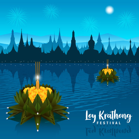 Loy Krathong festival in Thailand background. Happy  Loy Krathong festival banner design. Vector illustrationのイラスト素材