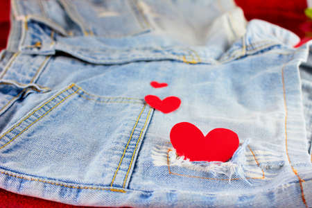 multi Size of heart shape on blue jeansの写真素材