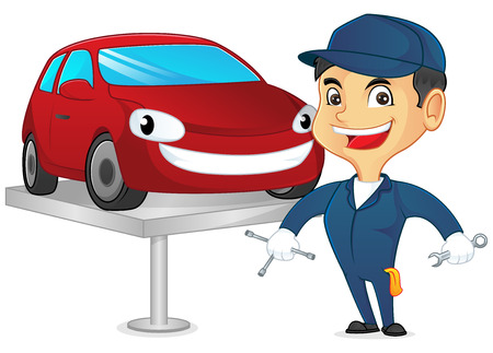 Mechanic fixing car and holding tools isolated in white backgroundのイラスト素材