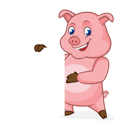 Pig cartoon holding blank sign isolated in white backgroundのイラスト素材