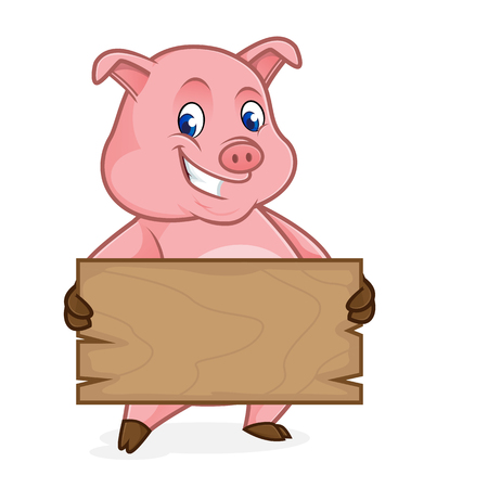 Pig cartoon holding wooden plank isolated in white backgroundのイラスト素材