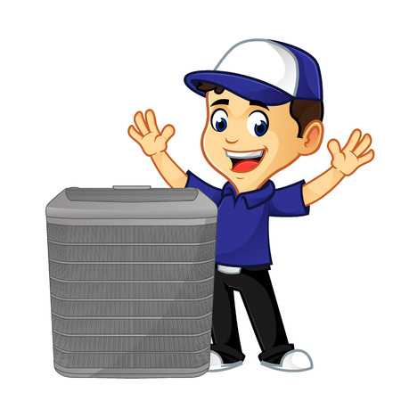 Hvac Cleaner or technician with air conditioner happy cartoon illustration, can be download in vector format for unlimited image sizeのイラスト素材