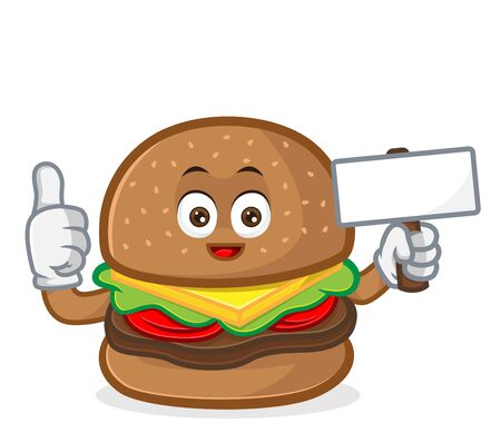 Burger mascot cartoon illustration  give thumb up and hold blank sign isolated in white backgroundのイラスト素材
