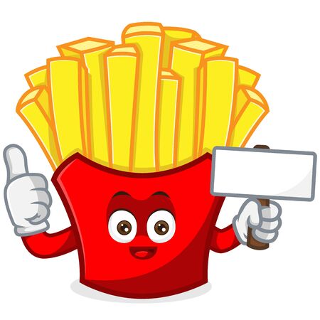 French Fries Mascot cartoon illustration hold blank sign and give thumb up illustration Isolated in white backgroundのイラスト素材